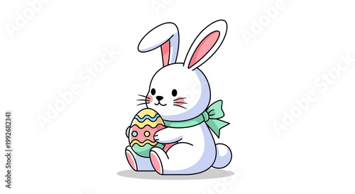 Cute cartoon white bunny rabbit holding a colorful Easter egg.