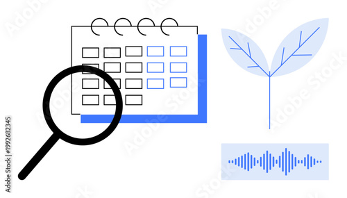 Data analysis concept. Data through calendar, magnifying glass, leaf, and sound wave icons. Data for organizing schedules, sustainable growth, communication and sound analytics. Perfect