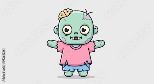 Cute cartoon zombie character with exposed brain and tattered clothes.