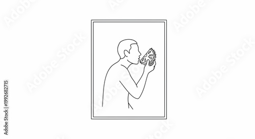 Person eating pizza slice, enjoying delicious food, simple line art illustration