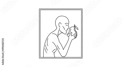 Minimalist Line Art: Person Smelling a Mango, Symbolizing Freshness and Healthy Eating
