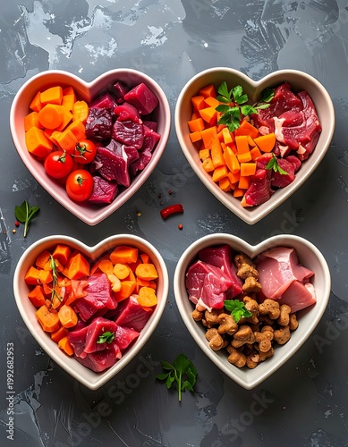 Four heart-shaped bowls filled with various colorful foods on a gray surface