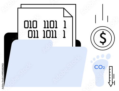 Sustainability, digital records, finance impact, data management, carbon reduction, eco-awareness. File folder containing binary code, dollar sign CO2 footprint and temperature icon. Sustainability