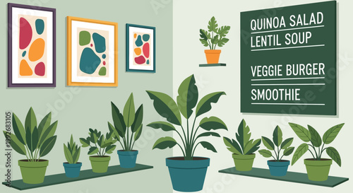 Veggie cafe interior with plants and menu board
