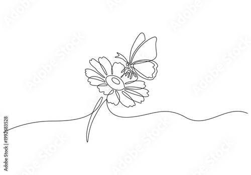 Continuous one line drawing of Minimalist line art flower, butterfly, continuous one-line drawing, simple botanical illustration