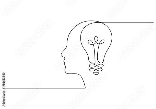 Continuous one line drawing of Creative idea, light bulb, human head, inspiration concept, line art, vector illustration