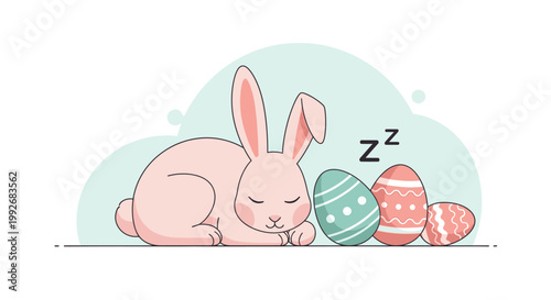 Cute pink bunny sleeping next to decorated Easter eggs.
