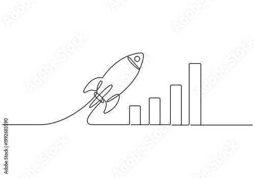 Continuous one line drawing of Rocket launch, growth chart, business success, continuous line, vector illustration