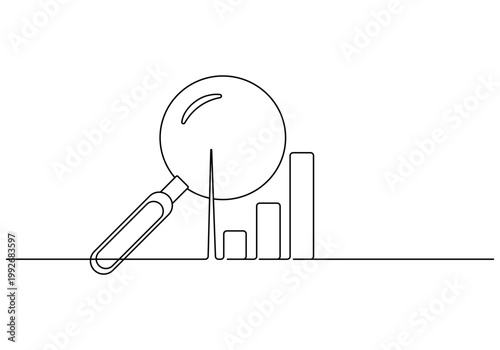 Continuous one line drawing of Business analysis, data search, magnifying glass, bar chart, vector icon