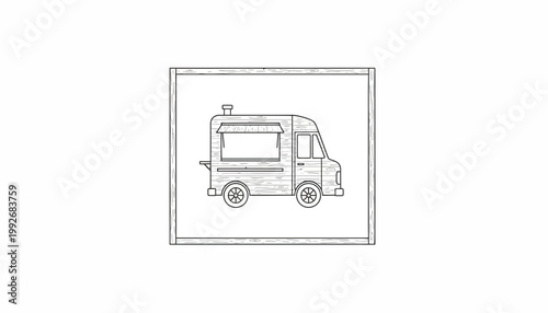 Hand-drawn food truck sketch in a frame, simple line art, black and white illustration