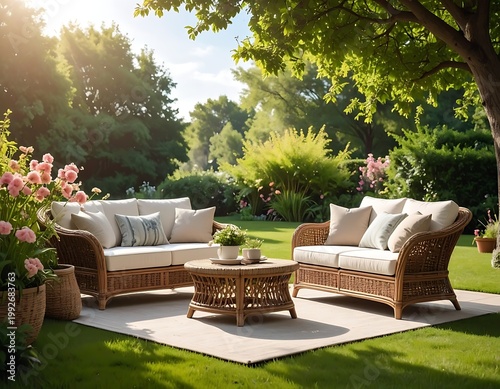 Serene garden setting with wicker furniture and vibrant flowers