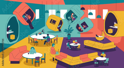 Vibrant coworking space with colorful pods