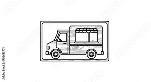 Hand-drawn food truck sketch with awning and windows, isolated on white background.