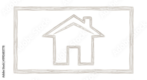 Hand-drawn house icon in a frame, simple sketch of home, real estate symbol, minimalist design