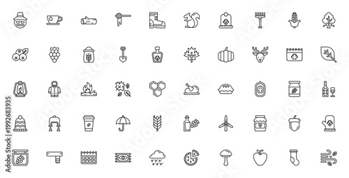 Autumn icon set. Vector collection of fall season symbols including pumpkin, leaves, scarecrow, pie, squirrel, coffee, weather and harvest items. Editable stroke.