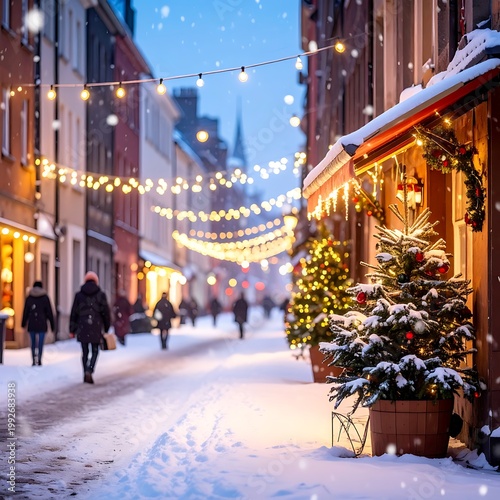 Snowy city street with festive lights and Christmas tree