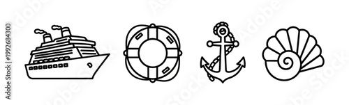 Set of elegant outline vector icons representing a cruise ship, lifebuoy, anchor, and seashell, ideal for maritime themes, holiday brochures, and ocean-inspired designs