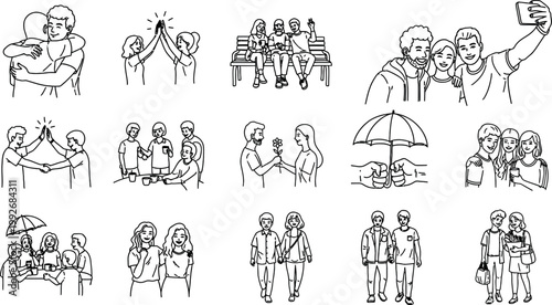 Collection of vintage black and white sketches depicting people in historical or traditional settings