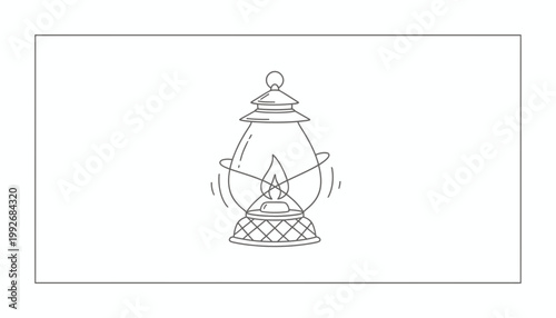 Vintage kerosene lantern with a glowing flame, line art illustration on a white background