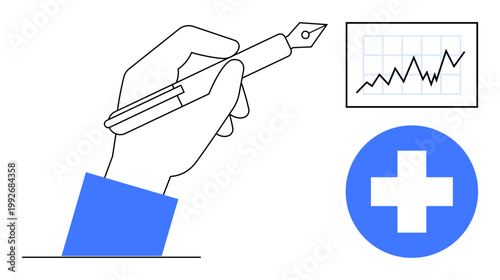 Healthcare, data analysis, medical research, statistics, business strategy, innovation. A hand holding a pen, a medical cross symbol and a graph. Healthcare and data analysis concept