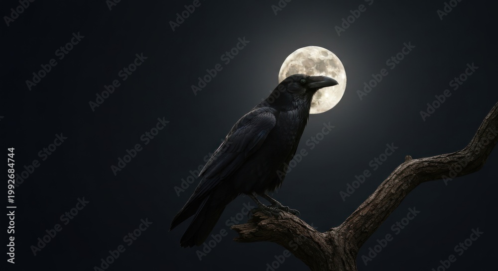 Fototapeta premium A black bird perches on a branch before the radiant full moon
