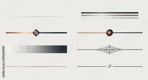 An assortment of sophisticated horizontal line dividers featuring subtle geometric accents and gradients, designed to provide clean and professional section breaks in high-end document layouts.