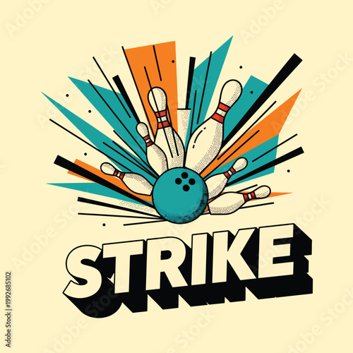 Bowling strike illustration with a blue ball hitting white pins in a dynamic explosion style.