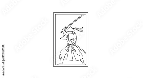 Samurai warrior drawing, drawing of samurai warrior with sword, historical illustration