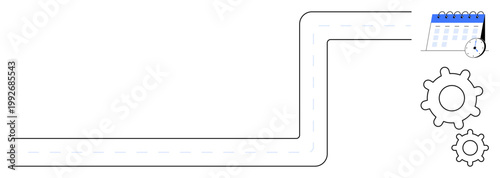 Productivity, workflow optimization, project planning, time management, scheduling, future assignments. A roadmap with a calendar and gears. Time management and scheduling concept