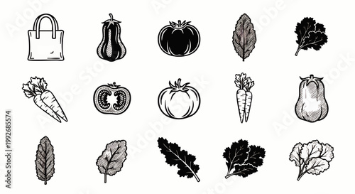 Hand-drawn vintage vegetable icons: tomatoes, carrots, leafy greens, squash, tote bag. Perfect for healthy eating, farmers market, natural branding.