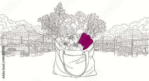 Fresh produce in a reusable bag at an outdoor farmer's market with stalls and trees in the background, line art illustration.