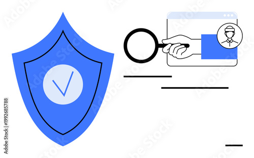Cybersecurity, identity verification, online privacy, secure browsing, authentication, data protection. A blue shield with a checkmark and magnifying glass examining a profile. Cybersecurity