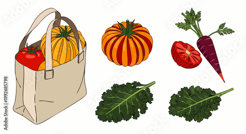 Freshly Harvested Vegetables: Tomatoes, Heirloom Pumpkins, Carrots, and Kale in a Canvas Bag