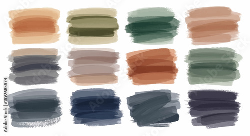 A grid of soft watercolor paint swatches in a range of muted tones including olive green, deep forest green, and earthy terracotta, perfect for organic and minimalist background accents.