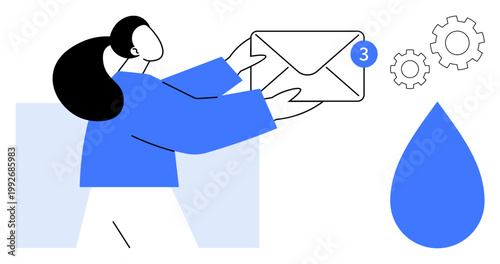 Email management, workflow automation, messaging systems, digital alerts, communication tools, teamwork organization. A person holding an envelope with a notification. Email management and workflow