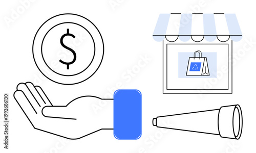 Online shopping, consumer behavior, business investment, retail strategies, digital commerce, future trends. A dollar sign in hand, storefront icon and a telescope symbol. E-commerce and consumer