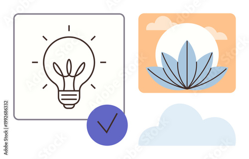 Creativity, innovation, mindfulness, mental clarity, inspiration, design concepts. A lightbulb with checkmark, a lotus flower and a cloud. Creativity and mindfulness concept
