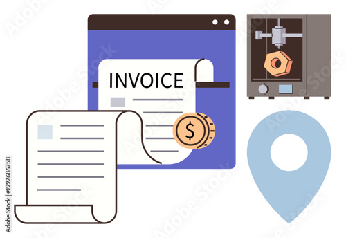 Financial technology, 3D printing, geolocation services, digital payments, business processes, automation. Invoice document, coin 3D printer geolocation pin. Financial technology and 3D printing
