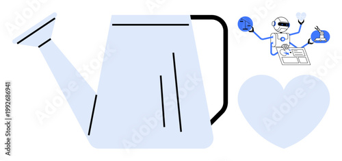 Gardening, technology, artificial intelligence, self-care, sustainability, innovation. Watering can, robot interacting with tools and heart shape. Gardening and technology concept merging nature