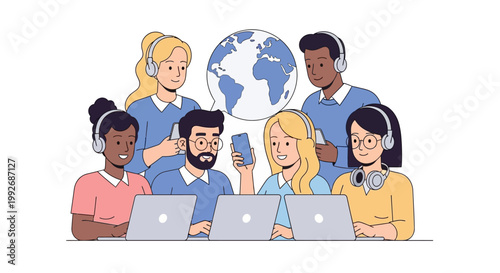 Diverse team with headsets and laptops.