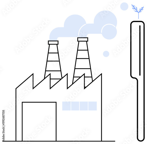 Climate change, pollution, sustainability, industry emissions, environmental responsibility, air quality. Factory with chimneys emitting smoke next to a tree branch. Climate change and pollution