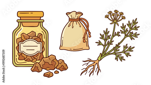 Asafoetida Hing Resin Jar Sack and Plant Root Illustration Set Ayurvedic Spice Collection