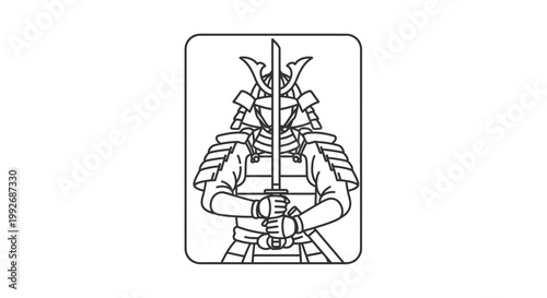 Samurai Warrior Holding Katana Sword, Traditional Japanese Armor, Line Art Illustration
