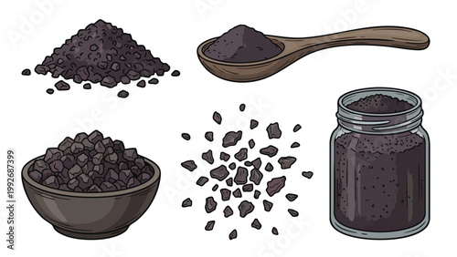 Black Salt Kala Namak Crystals Powder and Jar Illustration Set Mineral Spice Collection