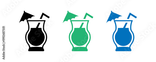 Tropical cocktails with umbrellas and straws in different colors