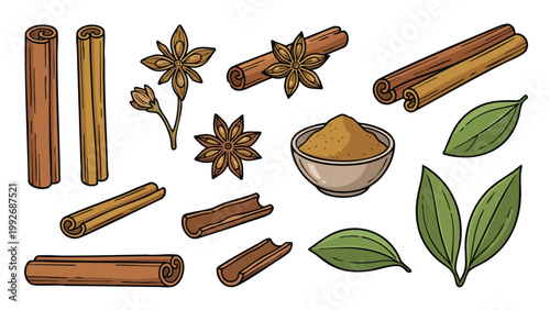 Cinnamon Star Anise and Bay Leaves Hand Drawn Spice Collection Set
