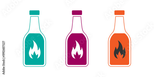 Colorful bottles with flame icons, representing hot sauce