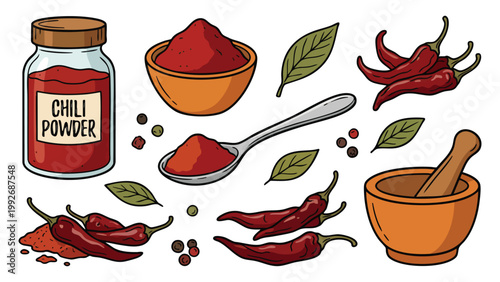 Chili Powder with Red Chili Peppers and Herbs Hand Drawn Spice Collection