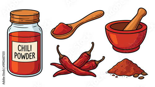Chili Powder and Red Chili Peppers Hand Drawn Spice Set with Mortar and Spoon