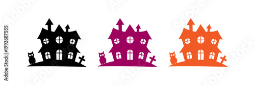 Spooky haunted house icons with owl and gravestone